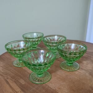 5 Jeanette Windsor Green Uranium Glass Footed Sherbets